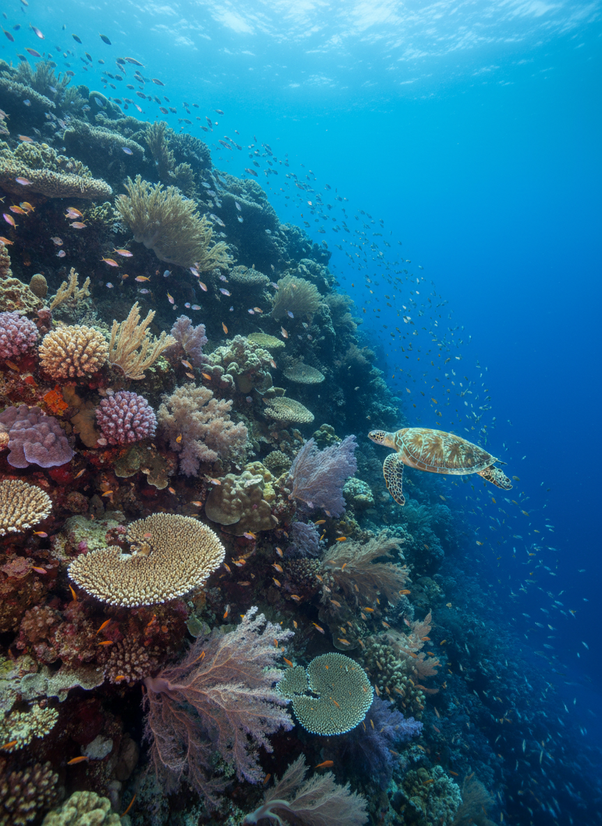 An expansive underwater coral reef scene captured in crisp photographic realism, showcasing a dramatic sloping reef wall covered in intricate hard corals and delicate soft coral fans in muted oranges, purples, and creams. Schools of small, silvery reef fish create shimmering patterns in the mid-water, while a solitary, sleek sea turtle glides gracefully along the edge of the drop-off. The water is a rich, clear azure, illuminated by gentle midday sunlight streaming down in soft shafts from the surface. The composition uses a wide-angle, slightly upward-facing perspective to emphasize depth and scale, with the reef in the foreground and the blue abyss receding into the distance. The atmosphere is serene, majestic, and subtly awe-inspiring, conveying the quiet sophistication of deep reef exploration.