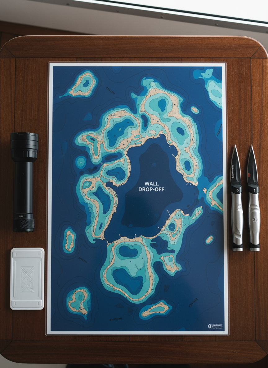 An elegant, top-down photographic view of a laminated dive site map resting on a dark teak boat table, surrounded by diving accessories arranged with deliberate, minimalist precision. The map features abstract shapes and color blocks suggesting reef contours, depth changes, and a wall drop-off, but no readable text or numbers. Beside it lie a sleek, matte-black underwater flashlight, a small waterproof slate with faint geometric markings instead of writing, and a pair of streamlined dive knives with brushed metal finishes. Soft, overcast daylight filters in from an unseen side window, creating gentle, even illumination and subtle reflections on the polished teak. The composition follows the rule of thirds, with sharp focus throughout, conveying a calm, organized, and intellectually curious atmosphere that hints at meticulous dive planning and a sophisticated approach to underwater exploration.