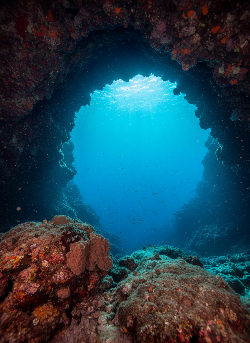 A tranquil underwater scene at the entrance of a cavern dive site, depicted in detailed photographic realism. The foreground features a rocky archway adorned with subtle sponges and low, encrusting corals in earthy reds and ochres. Beyond the shadowed opening, the open water glows in a gradient from deep cobalt to soft turquoise, creating a natural frame of light and dark. Fine particles drift gently in the water column, catching faint beams of sunlight that angle down from the distant surface. The composition is shot from inside the cavern looking outward, using a wide-angle lens to emphasize the contrast between the mysterious interior and the inviting blue beyond. The mood is contemplative, slightly dramatic, yet peaceful, evoking the allure of exploring more advanced, sophisticated dive sites.