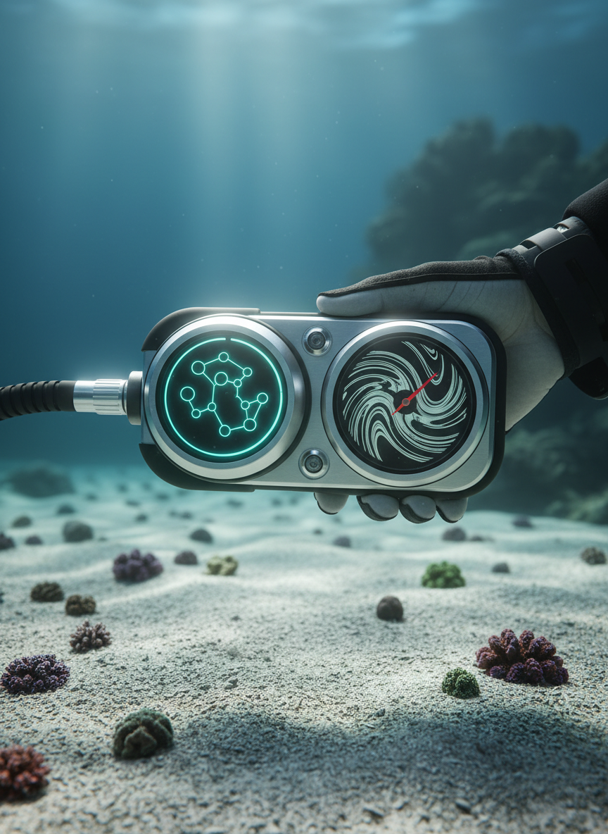 A refined underwater close-up of a detailed dive computer and compass mounted on a console, suspended just above a sandy seabed dotted with small coral heads. The dive computer screen glows softly with abstract, unreadable indicators, avoiding any specific numbers or text, while the compass housing shows a stylized pattern instead of letters. Soft, filtered sunlight penetrates the surface, casting delicate ripples of light across the console and sand. Captured in photographic realism with a macro-style focus on the instruments, the background fades into a gentle blue-green blur with hints of distant reef structures. The mood is focused and contemplative, suggesting professionalism and precision in navigation, with a sophisticated, minimal composition that highlights the elegance of well-designed diving equipment in its natural environment.