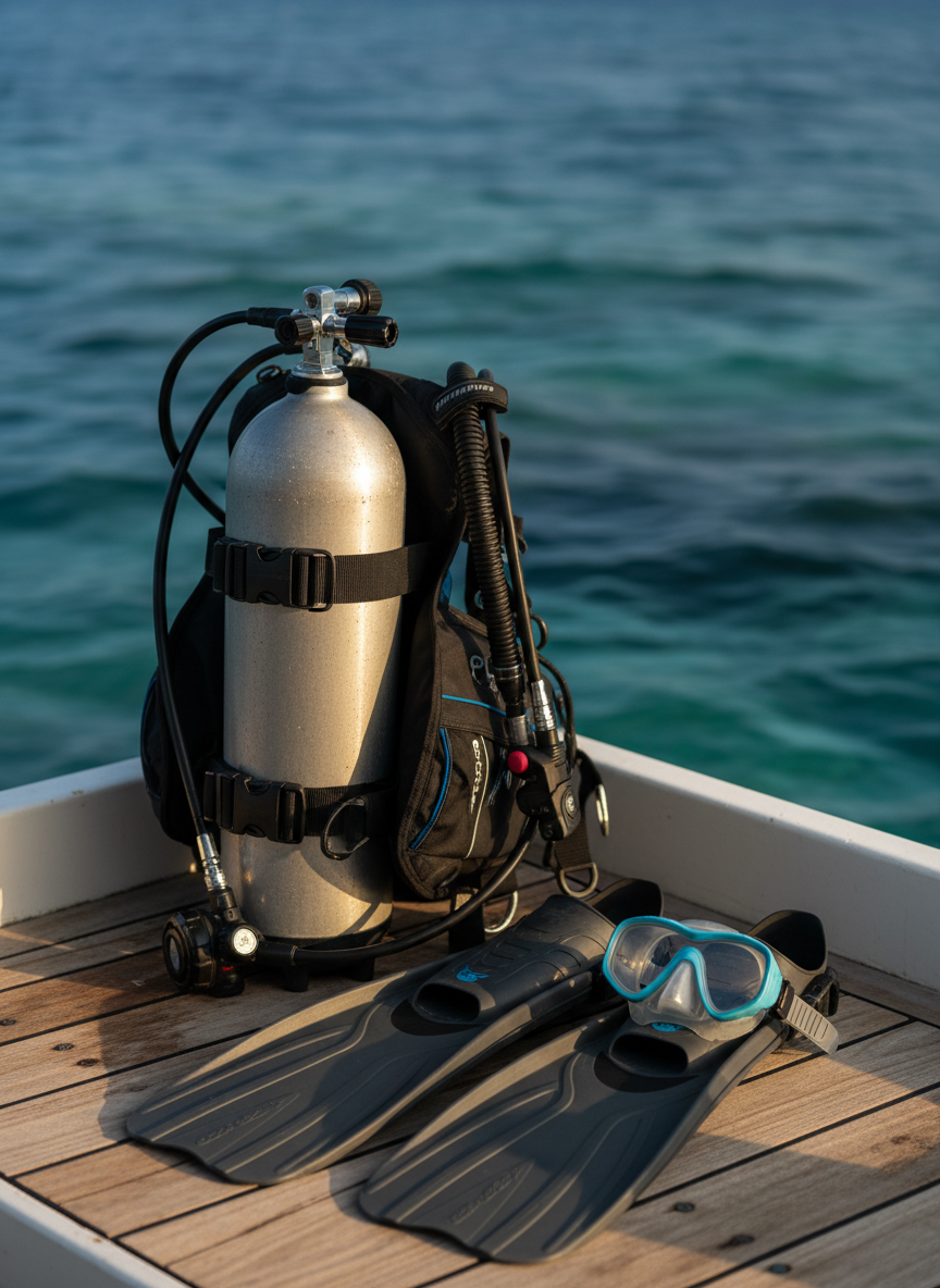 A sleek, well-maintained scuba diving setup arranged neatly on the deck of a small dive boat, photographed in rich photographic realism. A high-end black and cobalt-blue BCD embraces a polished air tank with clearly visible valves and gauges, next to a neatly coiled regulator hose and a pair of graphite-gray fins with subtle turquoise accents. Beyond the gear, the surface of the sea transitions from deep sapphire to light teal, hinting at a reef below. Late afternoon sunlight reflects off gentle waves, casting dappled highlights onto the equipment. Shot from a low, three-quarter angle with a shallow depth of field, the composition feels sophisticated and calm, suggesting quiet anticipation before a refined underwater adventure, with the open ocean as an elegant, blurred backdrop.